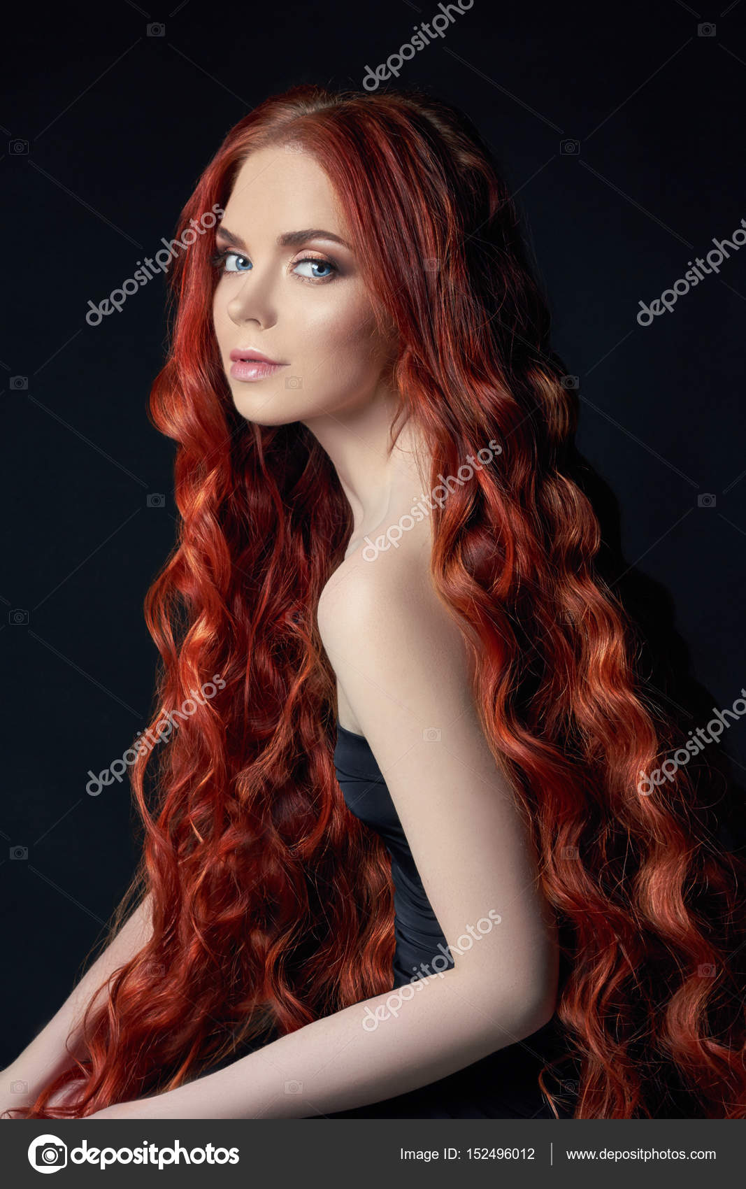 Sexy Beautiful Redhead Girl With Long Hair Perfect Woman Portrait On Black Background Gorgeous