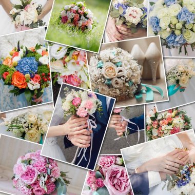 Kolaj Düğün Buketler ayarlayın. Düğün töreni ve taze çiçekler gelinin elinde. Güzel Düğün Buketler topluluğu.