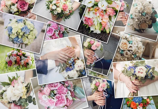 Colagem definir buquês de casamento. Cerimônia de casamento e flores frescas em mãos de noiva. Coleção de belos buquês de casamento . — Fotografia de Stock