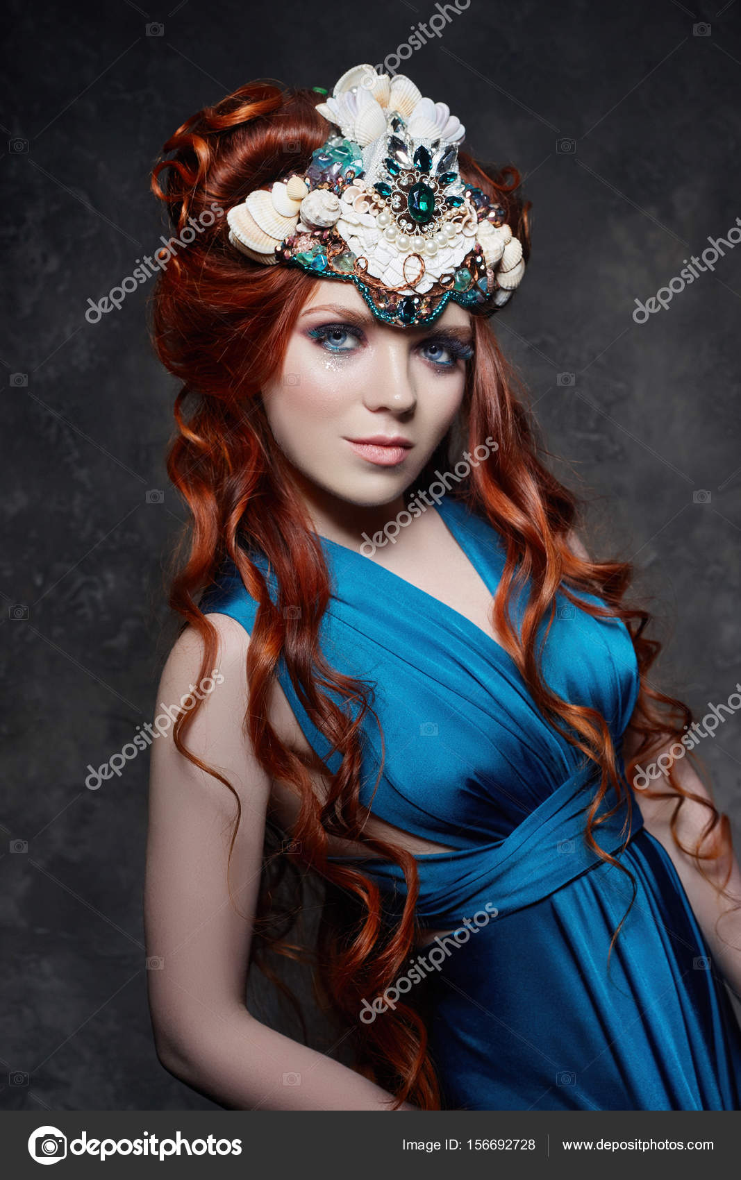 Redhead girl fabulous look, blue long dress, bright makeup and big ...