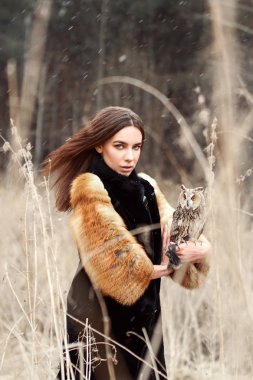 Kürk manto baykuş üstünde el ilk kar ile sonbaharda kadında. Bir baykuş tutan güzel esmer kız doğada, uzun saçlı. Romantik, hassas göz kızlar