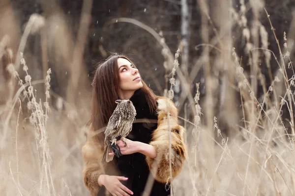Kadında kürk ceket ile baykuş yandan tarafından ilk sonbahar kar. Güzel esmer baykuş tutan doğada, uzun saçlı. Romantik, hassas göz kızlar — Stok fotoğraf