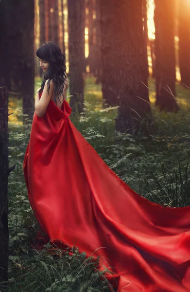 Жінка в довгій червоній сукні сама в лісі. Казковий і загадковий образ дівчини в темному лісі під вечірнім сонцем. Захід сонця в лісі, принцеса загубилася . — стокове фото