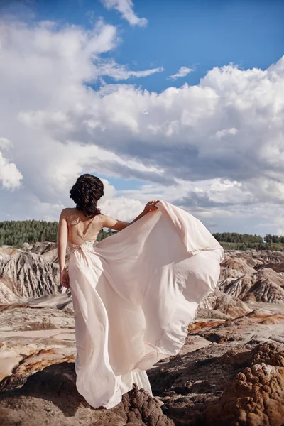 Rüzgar bir elbise, bir kız bir ihale görüntüsünü katlar, pembe elbiseli esmer bir uçurumun üzerinde duruyor. Muhteşem dağ manzarası. Rüzgar kadında.