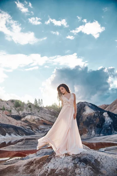 섹시 한 갈색 여자는 뒤에 바람에 서 있는 긴 드레스에 — 스톡 사진