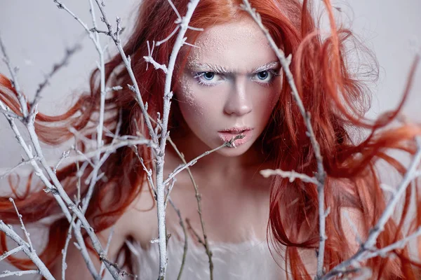 Redhead girl with long hair, a face covered with snow with frost. White eyebrows and eyelashes in frost, a tree branch covered with snow. Snow Queen and winter. Winter makeup woman face, red head. — Stock Photo, Image