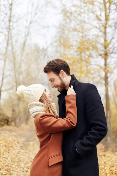 Casal amoroso andando no Parque em abraços de outono e beijos. Outono — Fotografia de Stock
