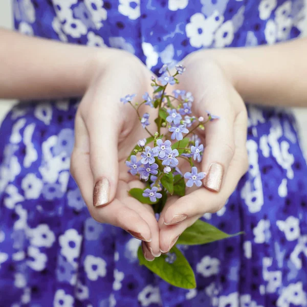 Γυναικεία χέρια με τα μπλε λουλούδια, το κορίτσι με το λουλούδι φόρεμα blu — Φωτογραφία Αρχείου