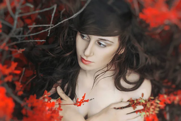 Bellissimo ritratto d'arte di donna nuda sdraiata nei rami con foglie rosse nella natura nella foresta. Misteriosa magia romantica vista della ragazza sdraiata tra i rami di un albero . — Foto Stock