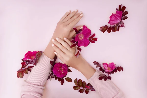 Hand med rosa blommor och kronblad som ligger på en pappersbakgrund. C — Stockfoto