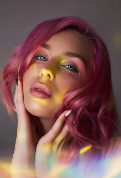 Beauty Portrait Woman Pink Hair Creative Vivid Coloring Bright Colored — Stock Photo, Image