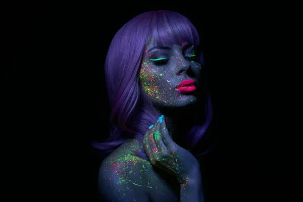 Fashion Model Woman Neon Light Bright Fluorescent Makeup Long Hair — Stock Photo, Image