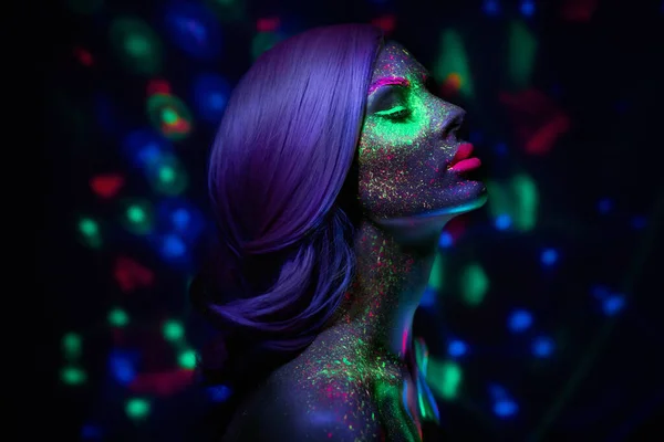 Fashion Model Woman Neon Light Bright Fluorescent Makeup Long Hair — Stock Photo, Image