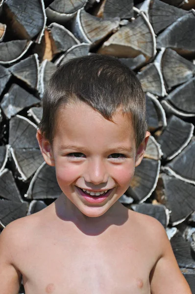 Ute woodpile arka plan üzerinde boy gülümseyerek portresi