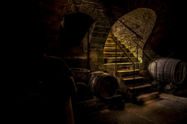 Wine cellar in low light