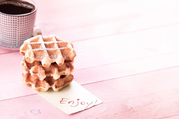 Fresh waffles and enjoy message — Stock Photo, Image