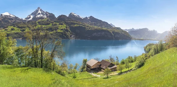 Danau Alpine dengan pegunungan dan padang rumput musim semi — Stok Foto