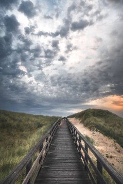 Boardwalk through grassy dune landscape on Sylt island at sunset clipart