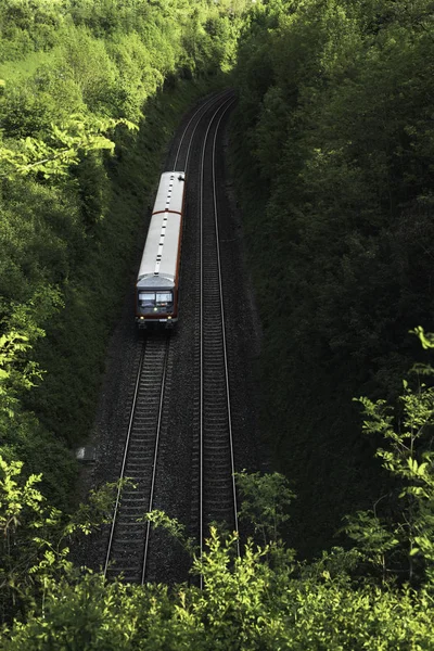 Поезд на железной дороге в зеленой природе. Экологичное транспортное средство — стоковое фото