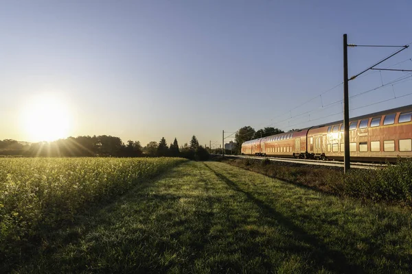 Пассажирский поезд и поле рапса. Весенний пейзаж на восходе солнца — стоковое фото