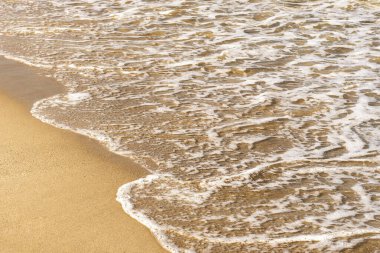 Sarı kumsalda deniz dalgası. Deniz suyu ve köpük. Güneşli sahil
