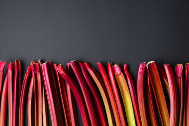 Above view with rhubarb stalks aligned on a black background. Fresh vegetables. Organic rhubarb stems on a black table clipart