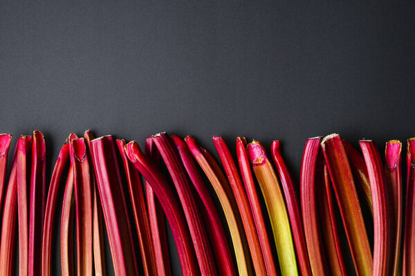 Above view with rhubarb stalks aligned on a black background. Fresh vegetables. Organic rhubarb stems on a black table