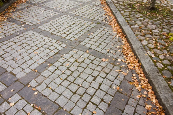 Herfstbladeren op loopbrug in oude museum district van Kouvola, Finland — Stockfoto