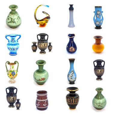 Beyaz arka plan üzerinde izole seramik ve cam vazo kolaj