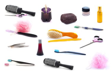 Beyaz arka plan üzerinde izole spa ve güzellik threatment ürünleri kolaj