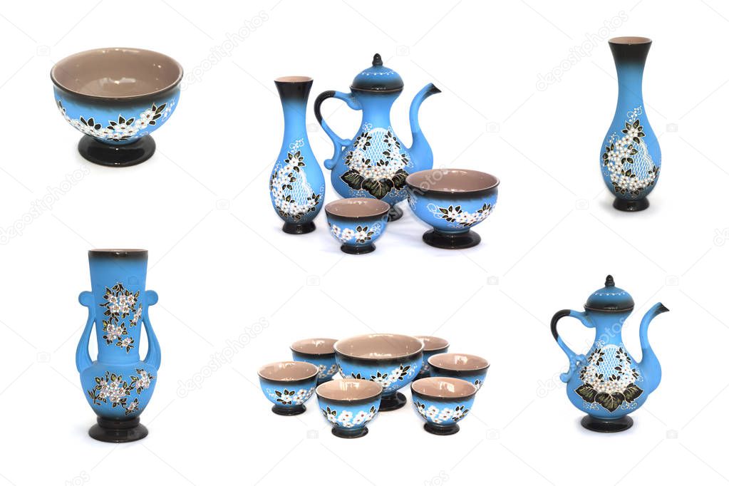 Collage of blue ceramic vases isolated on white background