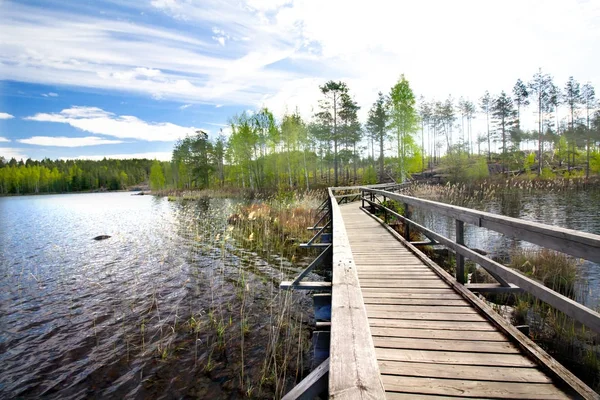 Muelle de madera en el hermoso lago en el parque nacional Repovesi, Finlandia, Karelia del Sur . —  Fotos de Stock
