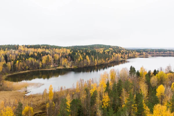 Вид с воздуха на озеро и красочные леса в осенний день в Финляндии. Фотография дронов — стоковое фото
