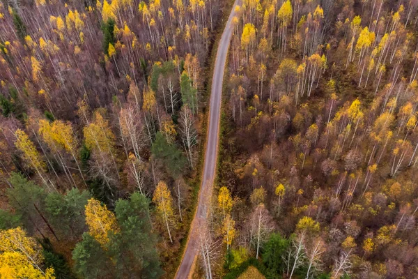 Widok z powietrza na drogę i kolorowe lasy w jesienny dzień w Finlandii. Zdjęcia dronów — Zdjęcie stockowe