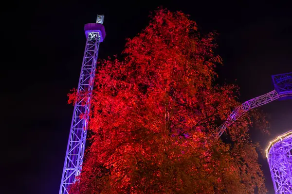 Helsinki, Finland - 19 oktober 2019: Het carnaval van het licht in pretpark Linnanmaki. Raketti rijden in nachtverlichting. — Stockfoto