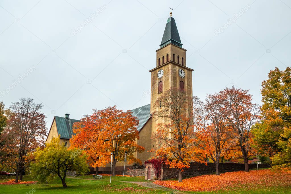 Kuusankoski church at beautiful autumn day, Finland.