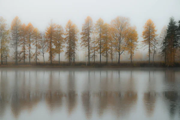 Bela paisagem de outono de águas de rio de Kymijoki na névoa. Finlândia, Kymenlaakso, Kouvola — Fotografia de Stock