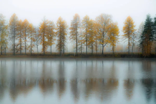 Beau paysage d'automne des eaux de la rivière Kymijoki dans le brouillard. Finlande, Kymenlaakso, Kouvola — Photo