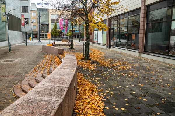 Kouvola, Finnland - 13. Oktober 2019: Gelbe Blätter auf dem Bürgersteig - Herbstlandschaft mit selektivem Fokus und Unschärfe — Stockfoto