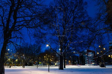 Kouvola, Finlandiya - 30 Kasım 2019: Kouvola 'nın merkez parkında akşam ışığı aydınlatmalı Noel süslemeleri.