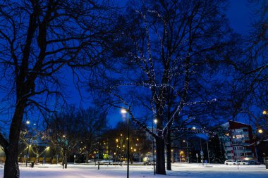 Kouvola, Finlandiya - 30 Kasım 2019: Kouvola 'nın merkez parkında akşam ışığı aydınlatmalı Noel süslemeleri.