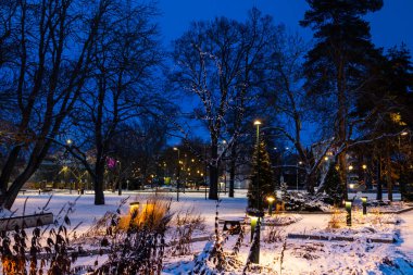 Kouvola 'nın merkez parkında akşam ışığı ile süslenmiş Noel süslemeleri..