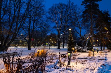 Kouvola 'nın merkez parkında akşam ışığı ile süslenmiş Noel süslemeleri..