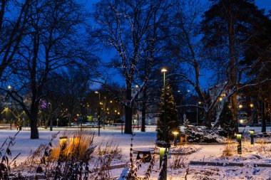 Kouvola 'nın merkez parkında akşam ışığı ile süslenmiş Noel süslemeleri..