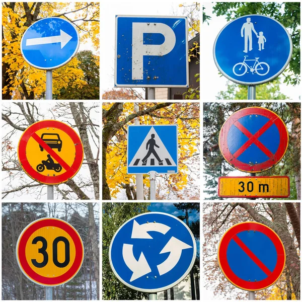 Collage aus neun europäischen Verkehrsschildern — Stockfoto