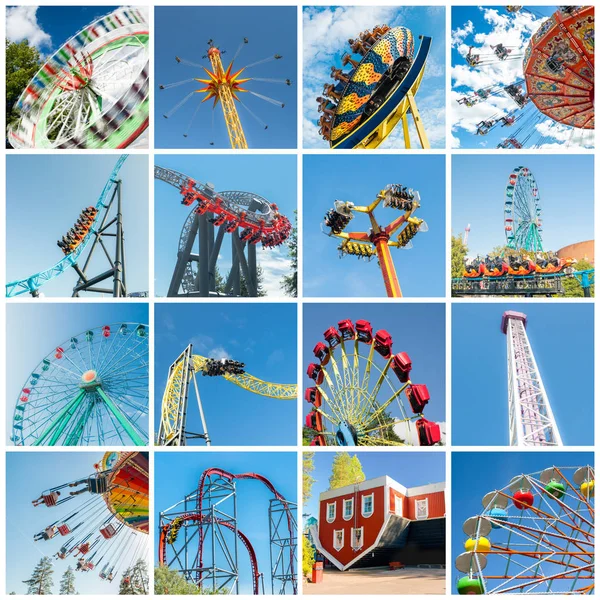 Ensemble de promenades colorées dans un parc d'attractions. Pleine grandeur . — Photo