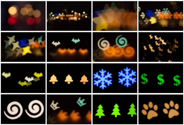 Set of blurred photo of defocused bokeh colorful lights in the d — Stockfoto