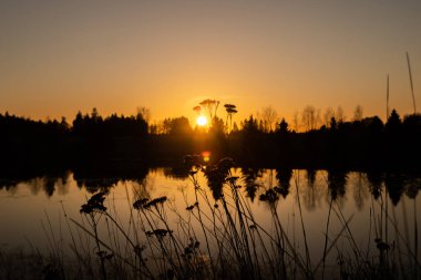 Kışın Kymijoki nehrinde güzel bir günbatımı, Finlandiya.