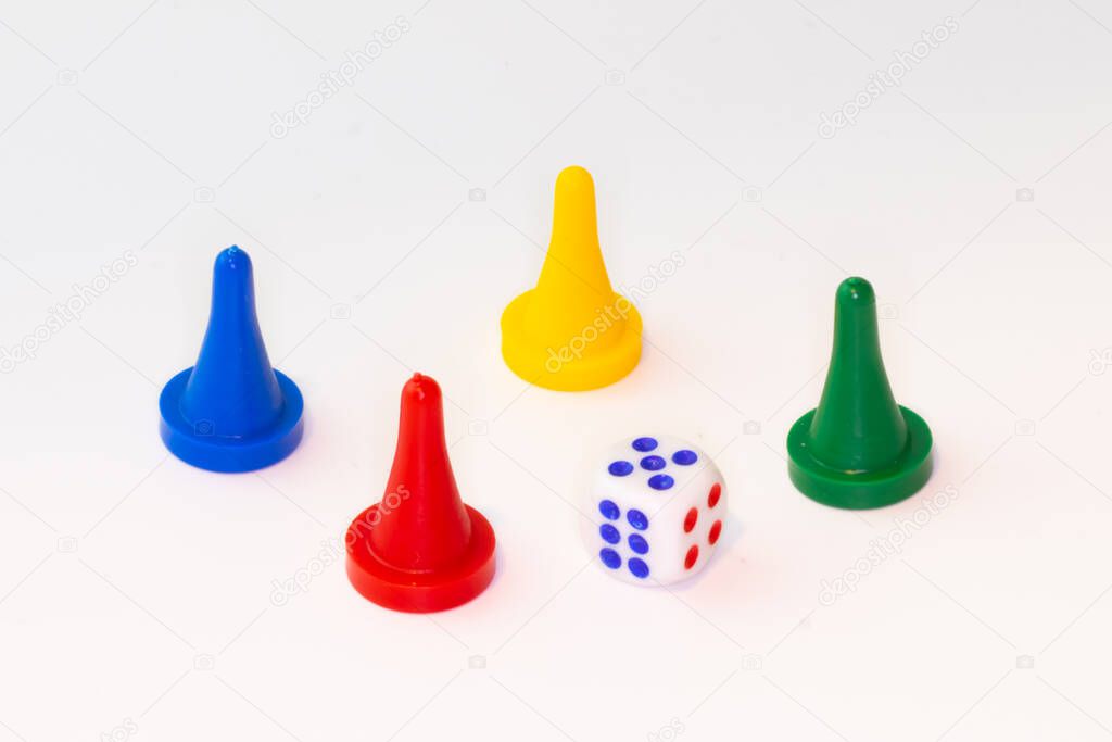 Four tokens with dice on white background