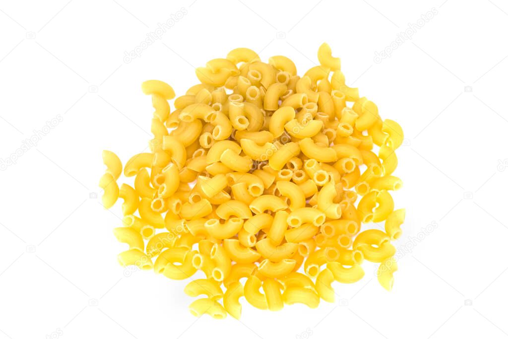 A pile of pasta horns on white background